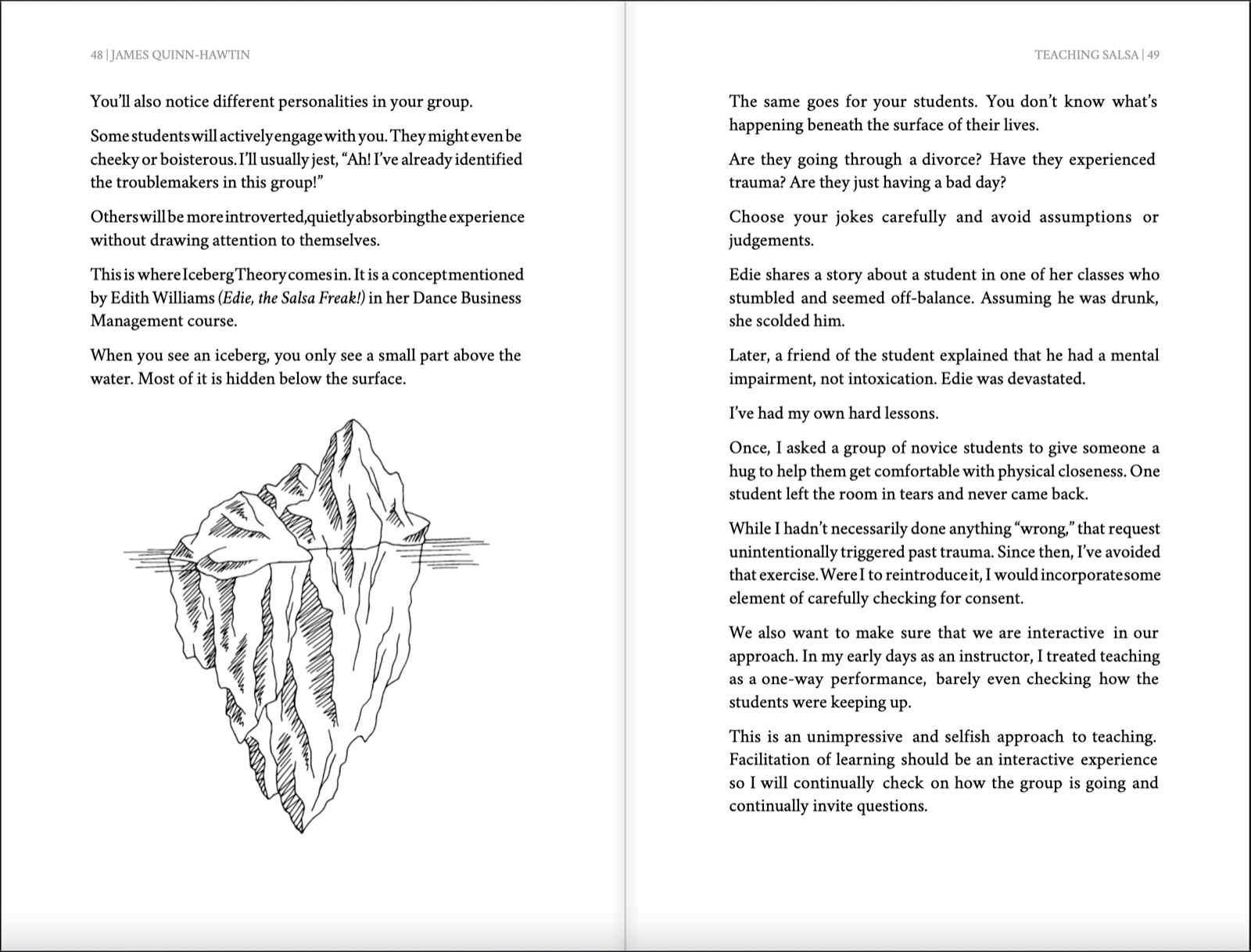 An open spread of Teaching Salsa showing the Iceberg Theory illustration